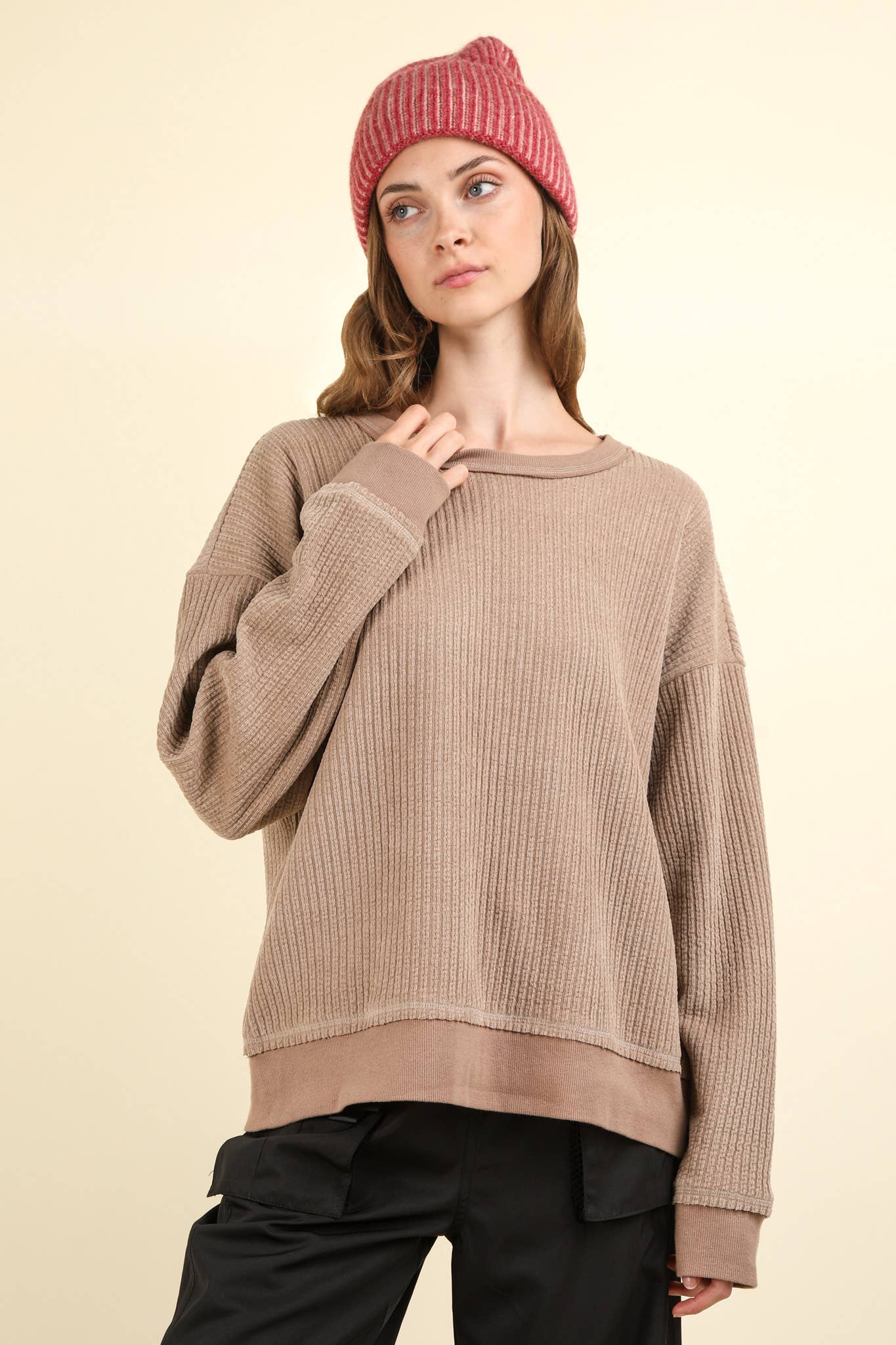 Curvy Oversized Soft Textured Knit Top: MOCHA