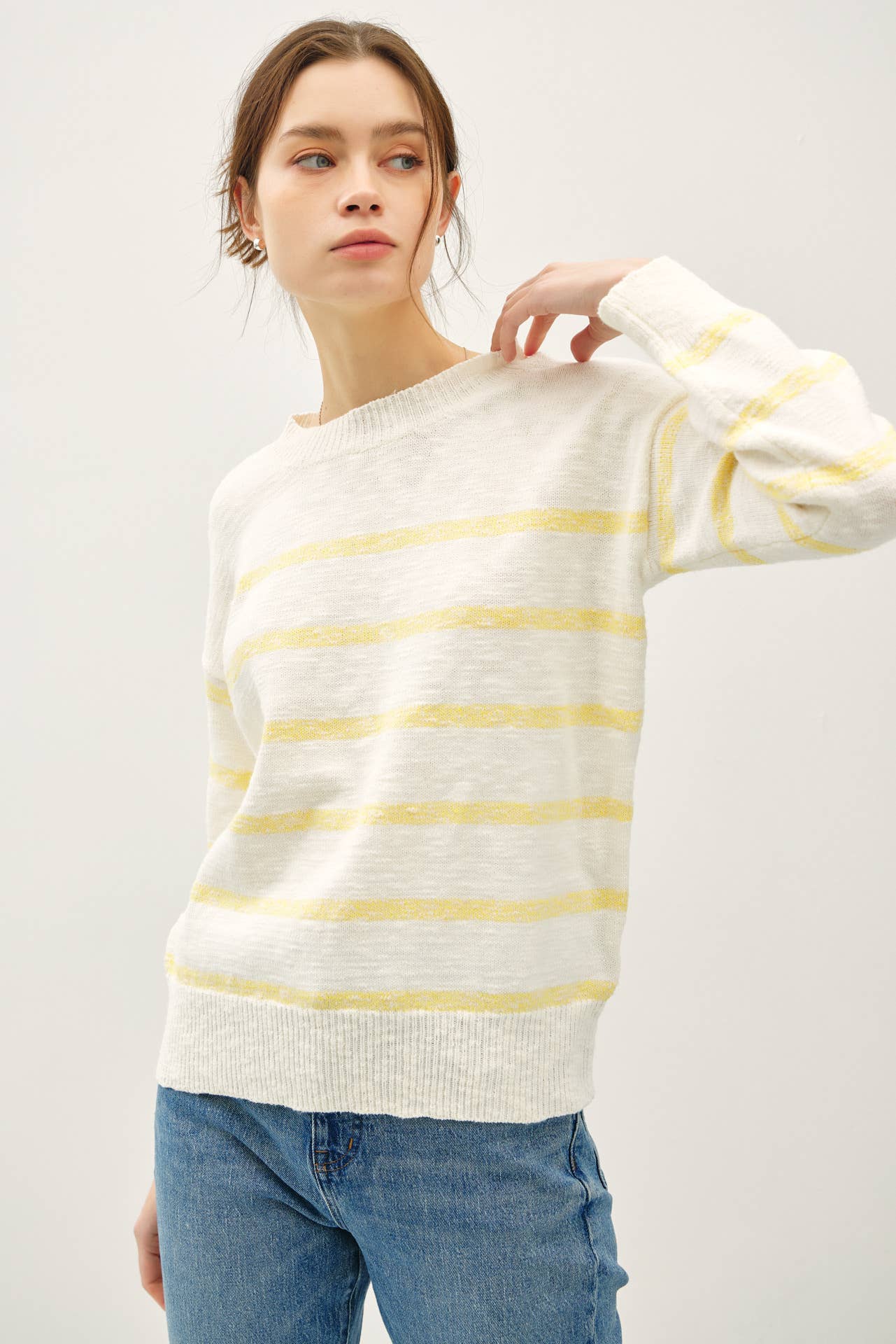 Lightweight Heather striped long sleeve sweater:Yellow