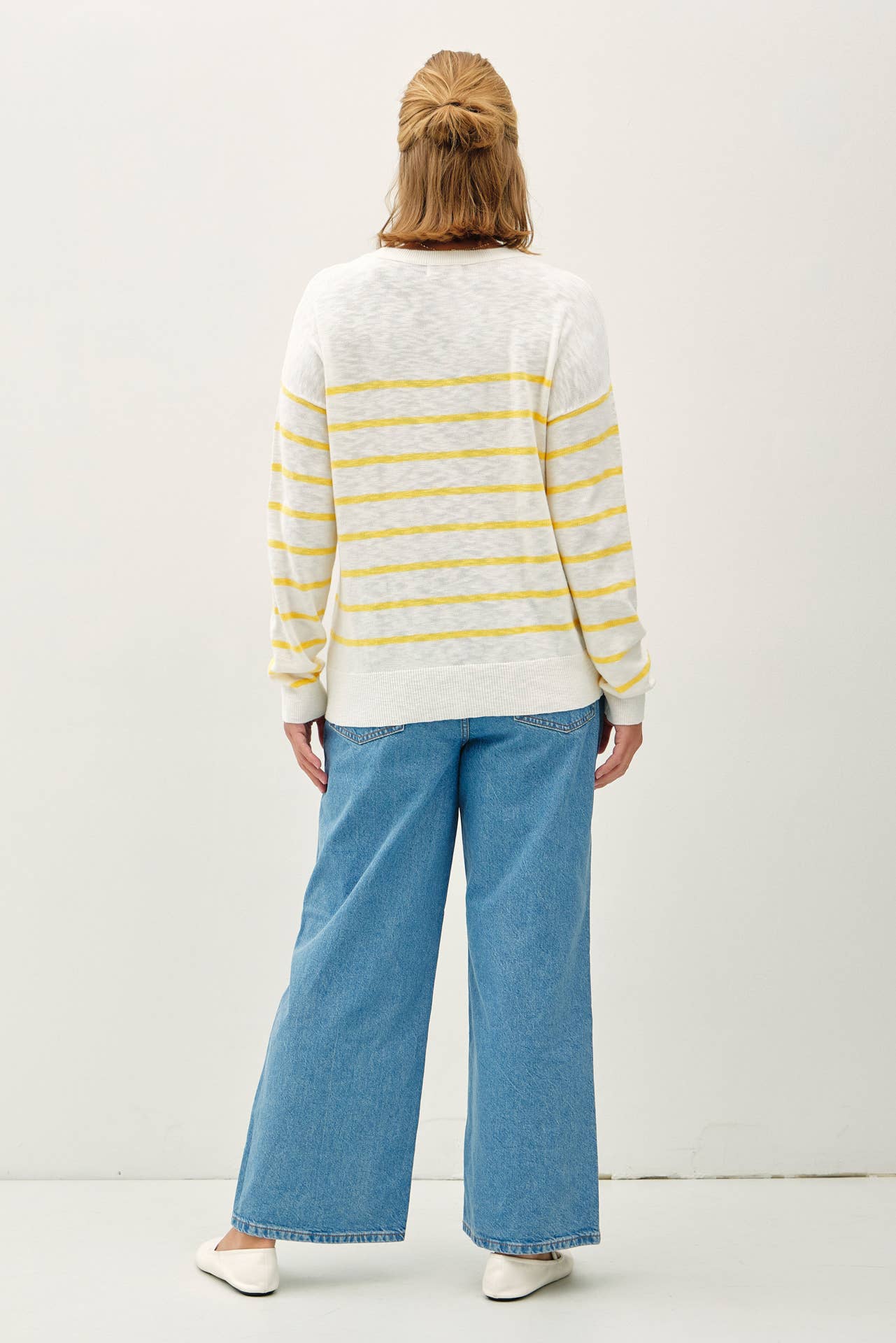 Plus Size Lightweight Striped Sweater:Yellow