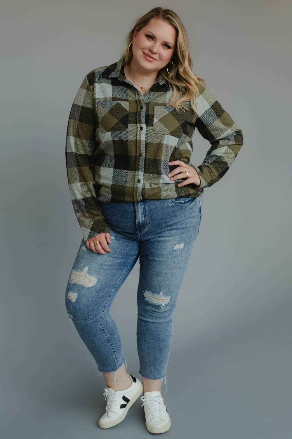 XXL Olive & Black Plaid Button Up