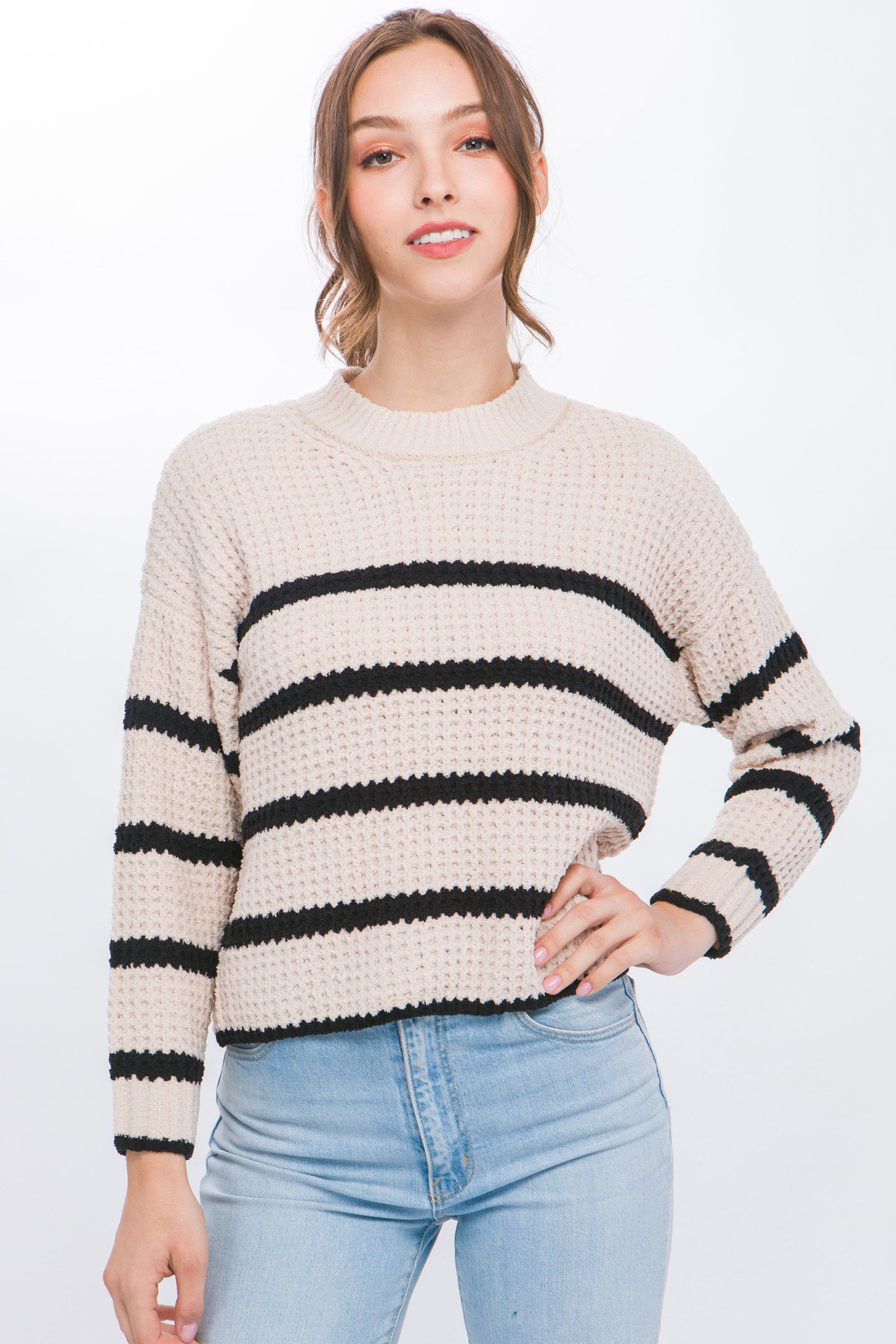 Striped Waffle Knit Long Sleeve Sweater