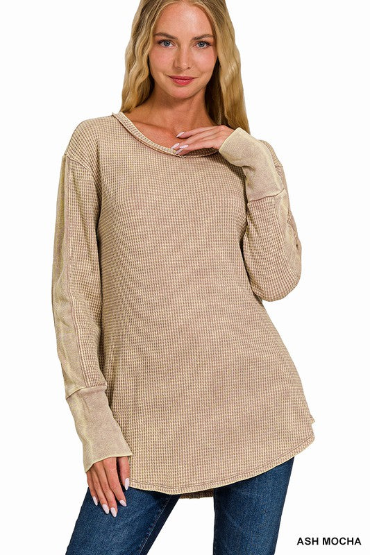 WASHED BABY WAFFLE LONG SLEEVE TOP