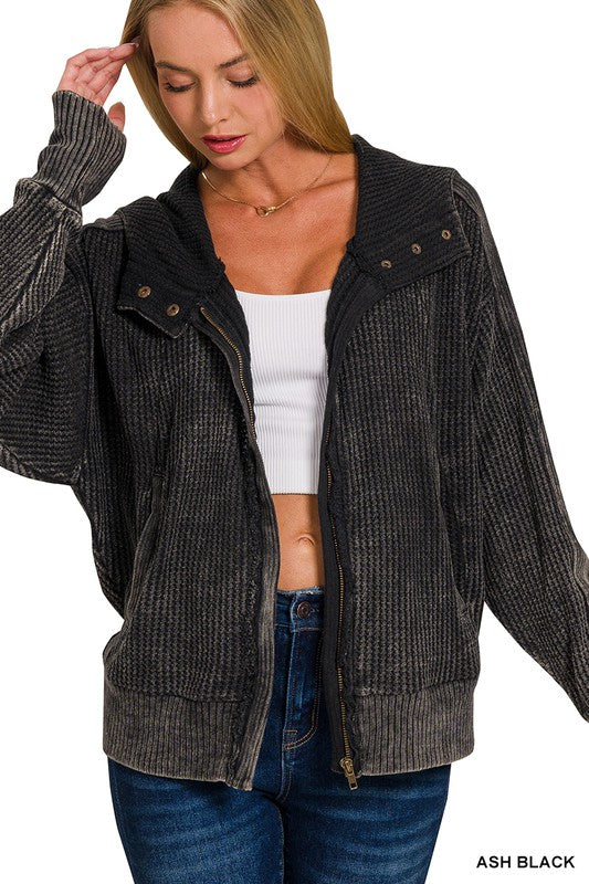 ACID WASH COTTON WAFFLE HOODED ZIP-UP JACKET
