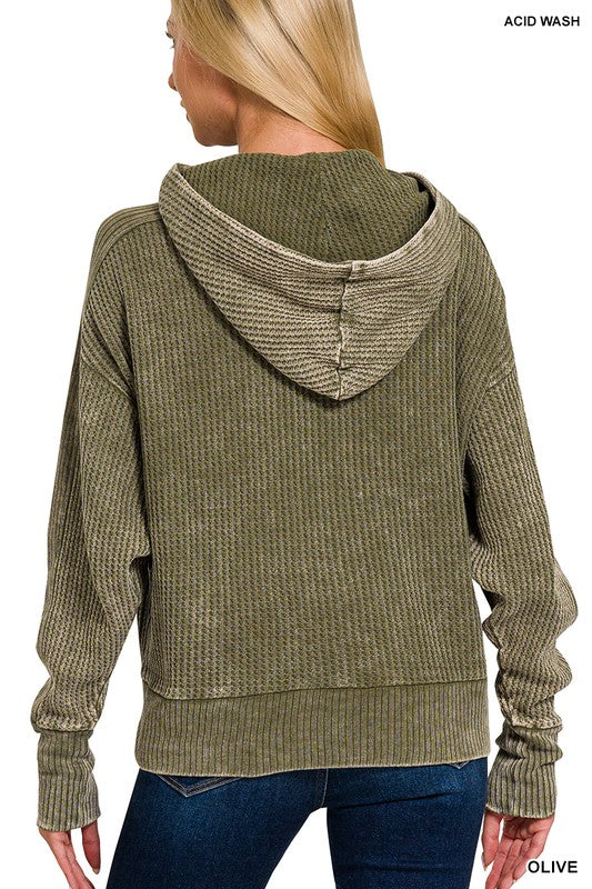 ACID WASH COTTON WAFFLE HOODED ZIP-UP JACKET