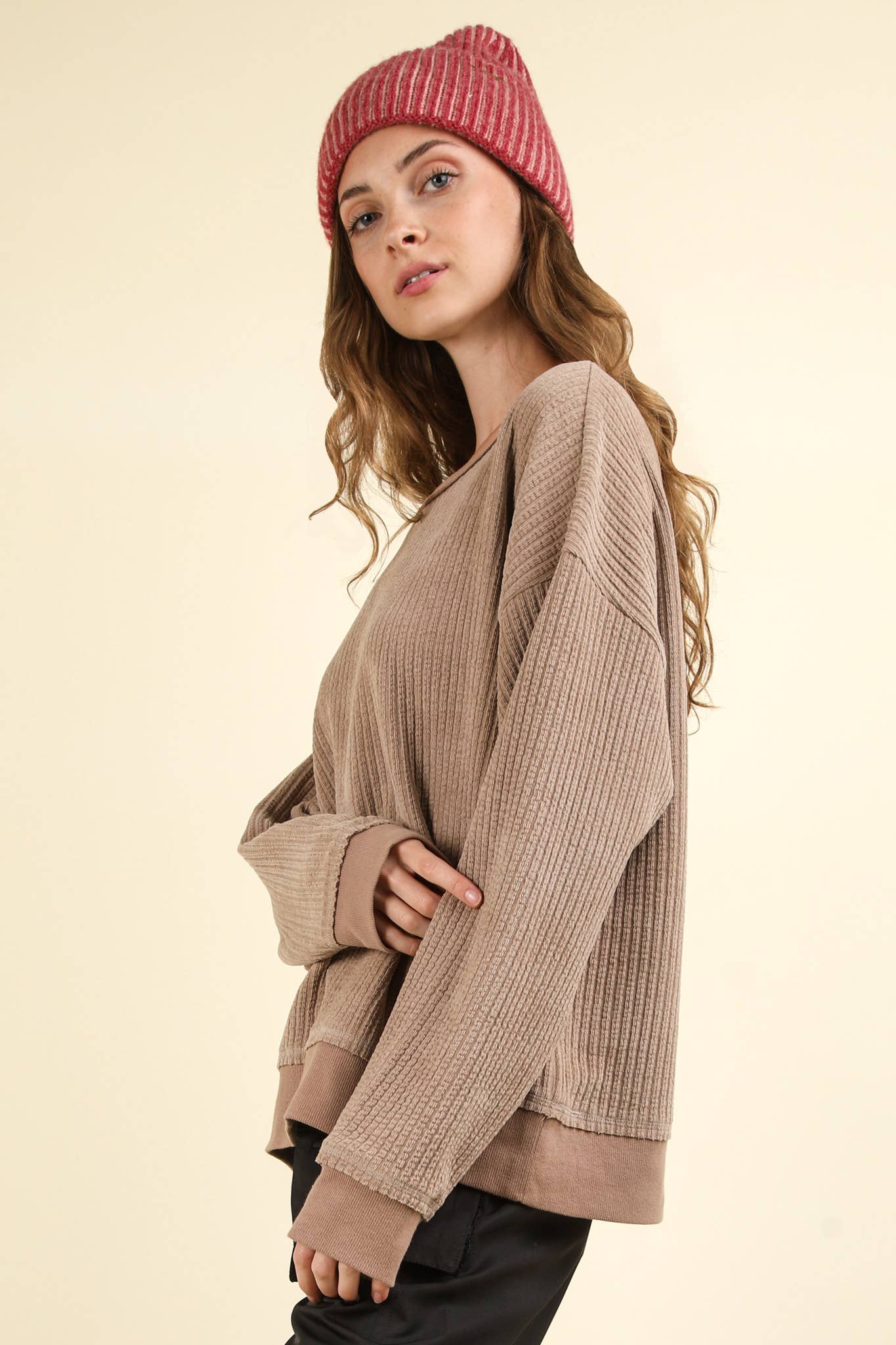 Curvy Oversized Soft Textured Knit Top: MOCHA