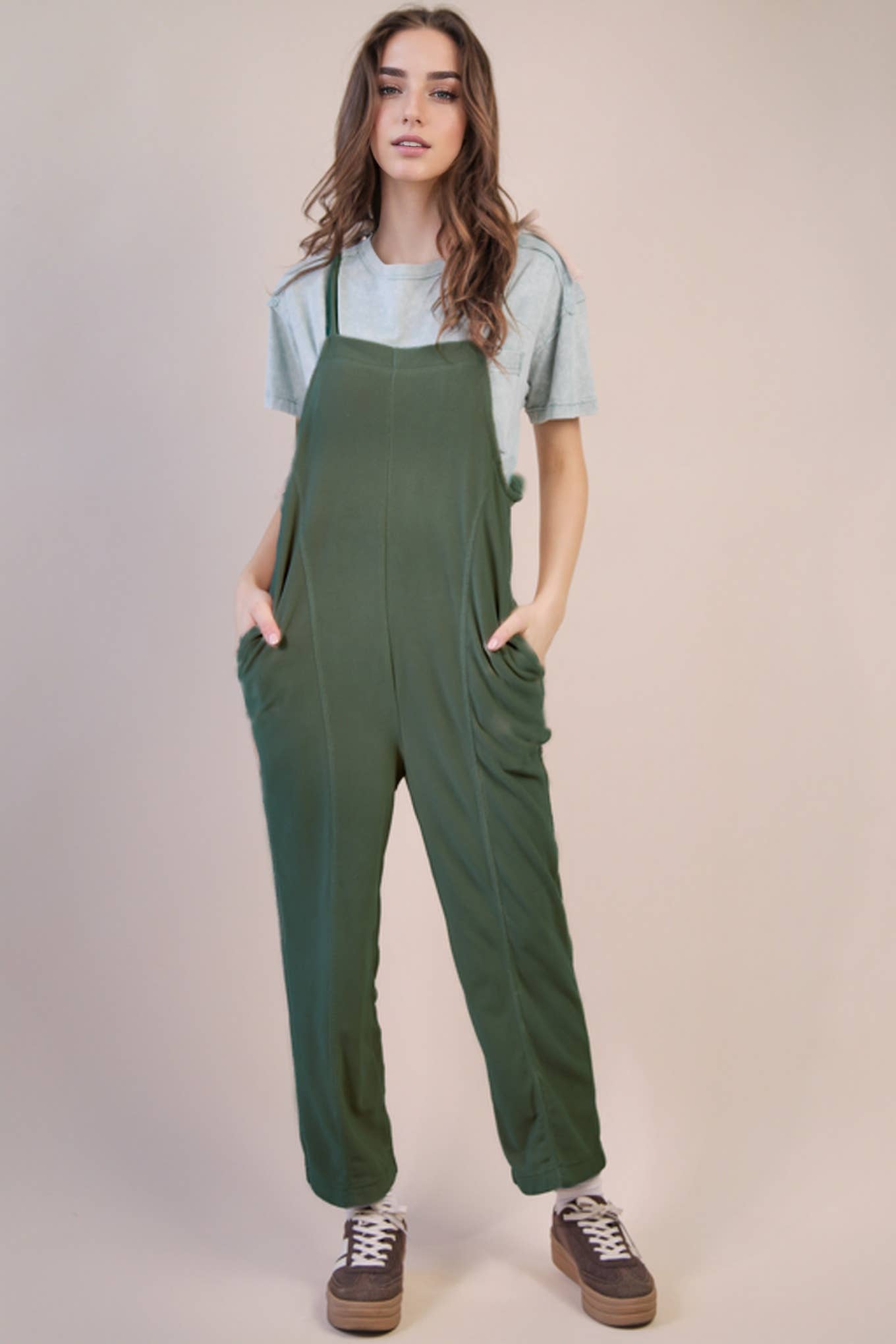 PLUS SIZE Fleece Baggy Backless Casual Jumpsuit: FOREST