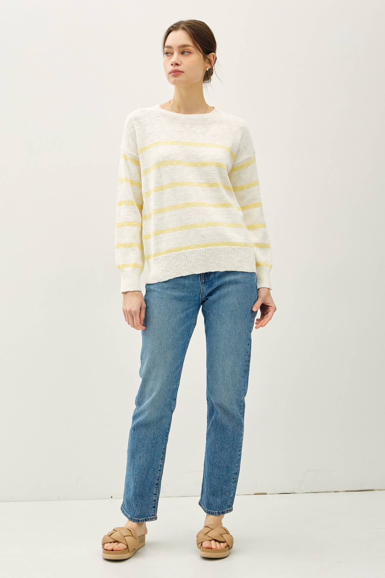 Lightweight Heather striped long sleeve sweater:Yellow
