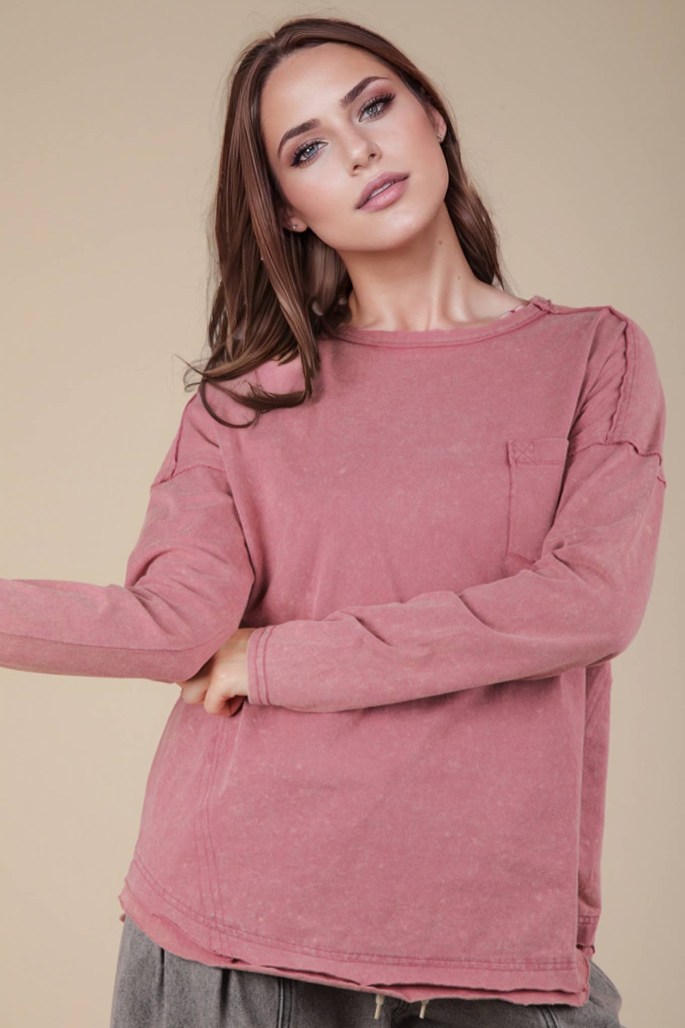 Mineral Washed Casual Knit Top: BLACK