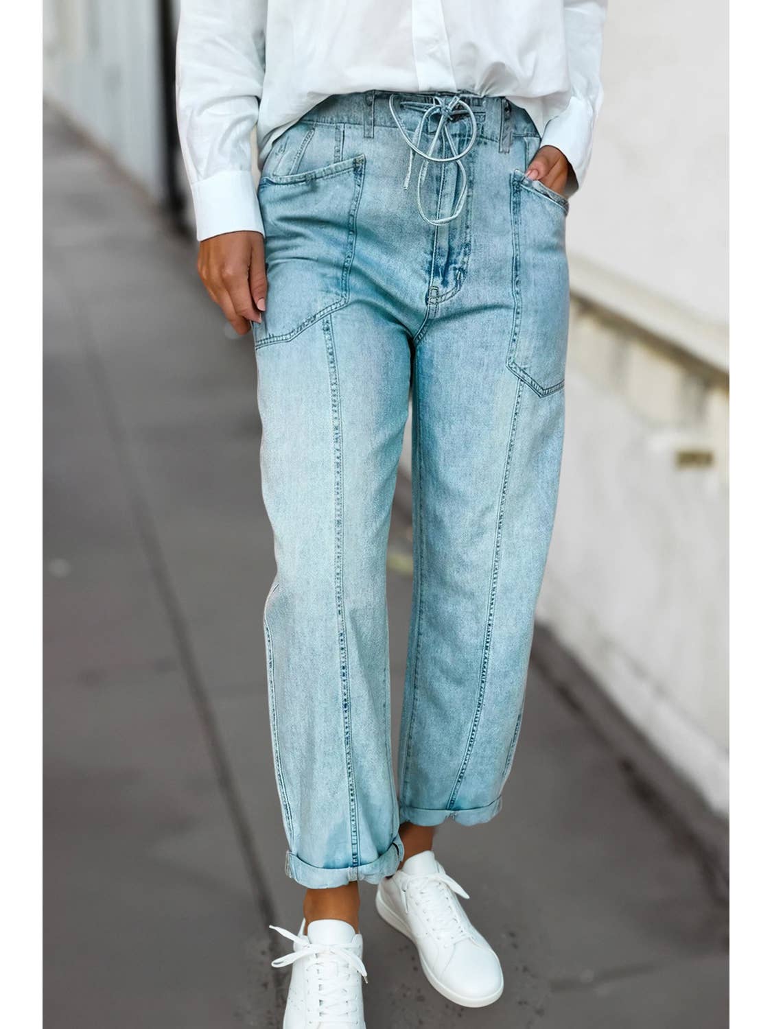 Casual Exposed Stitch Detail Drawstring Jeans