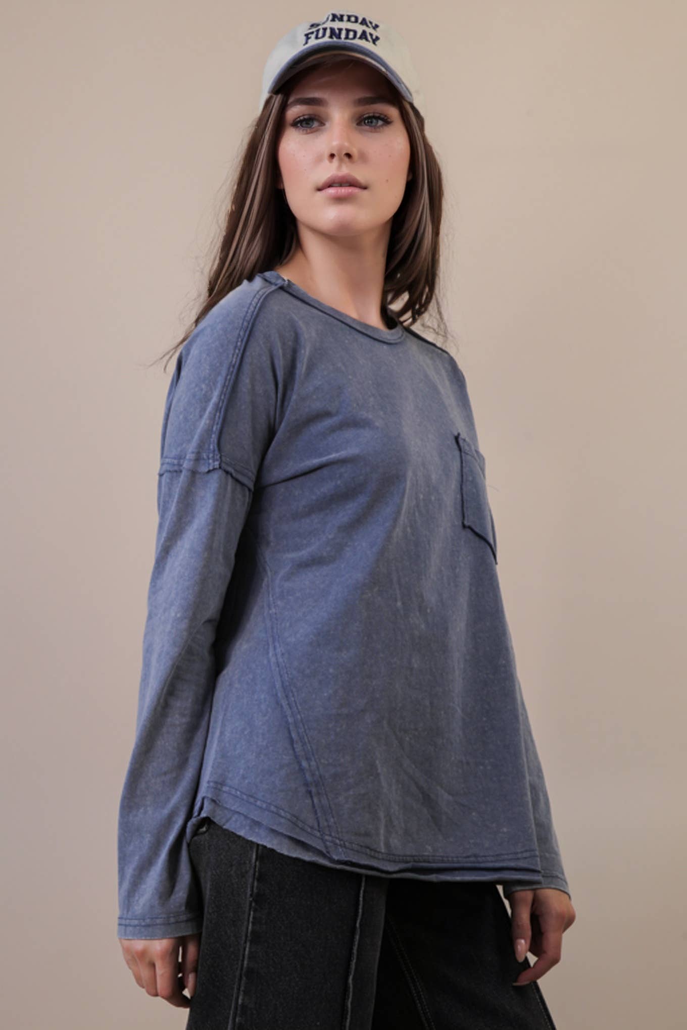 Mineral Washed Casual Knit Top: BLACK
