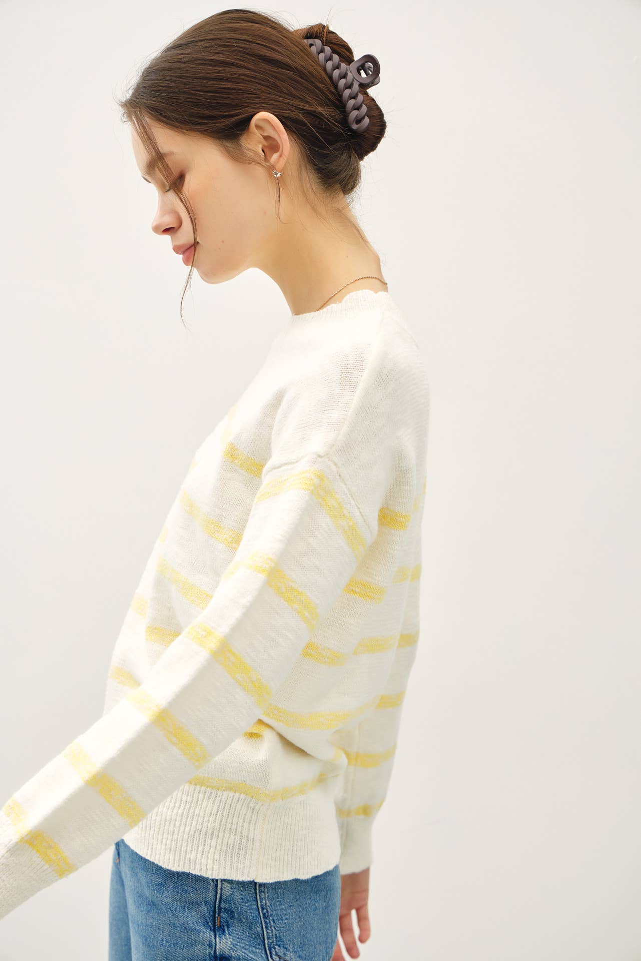 Lightweight Heather striped long sleeve sweater:Yellow