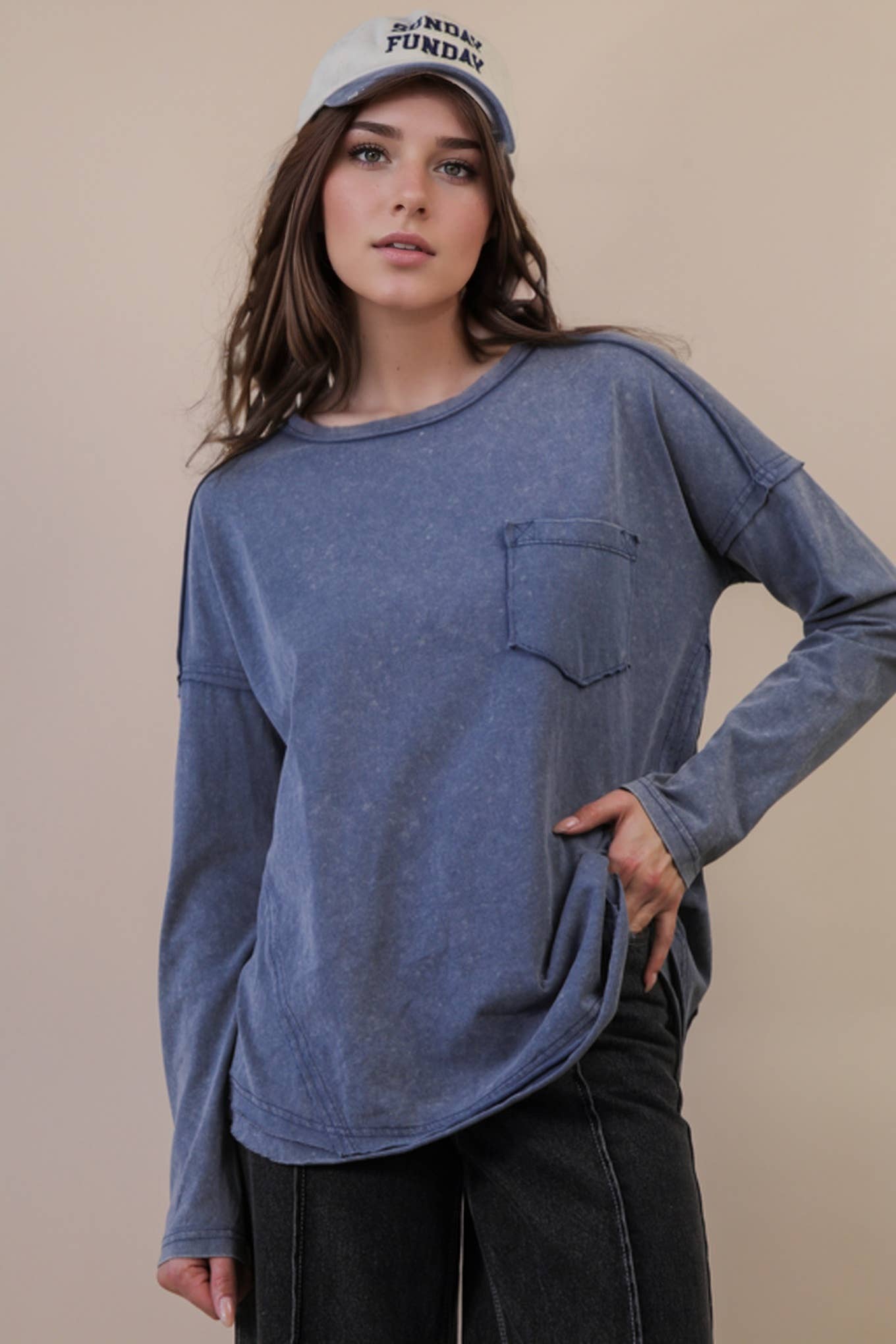 Mineral Washed Casual Knit Top: BLACK