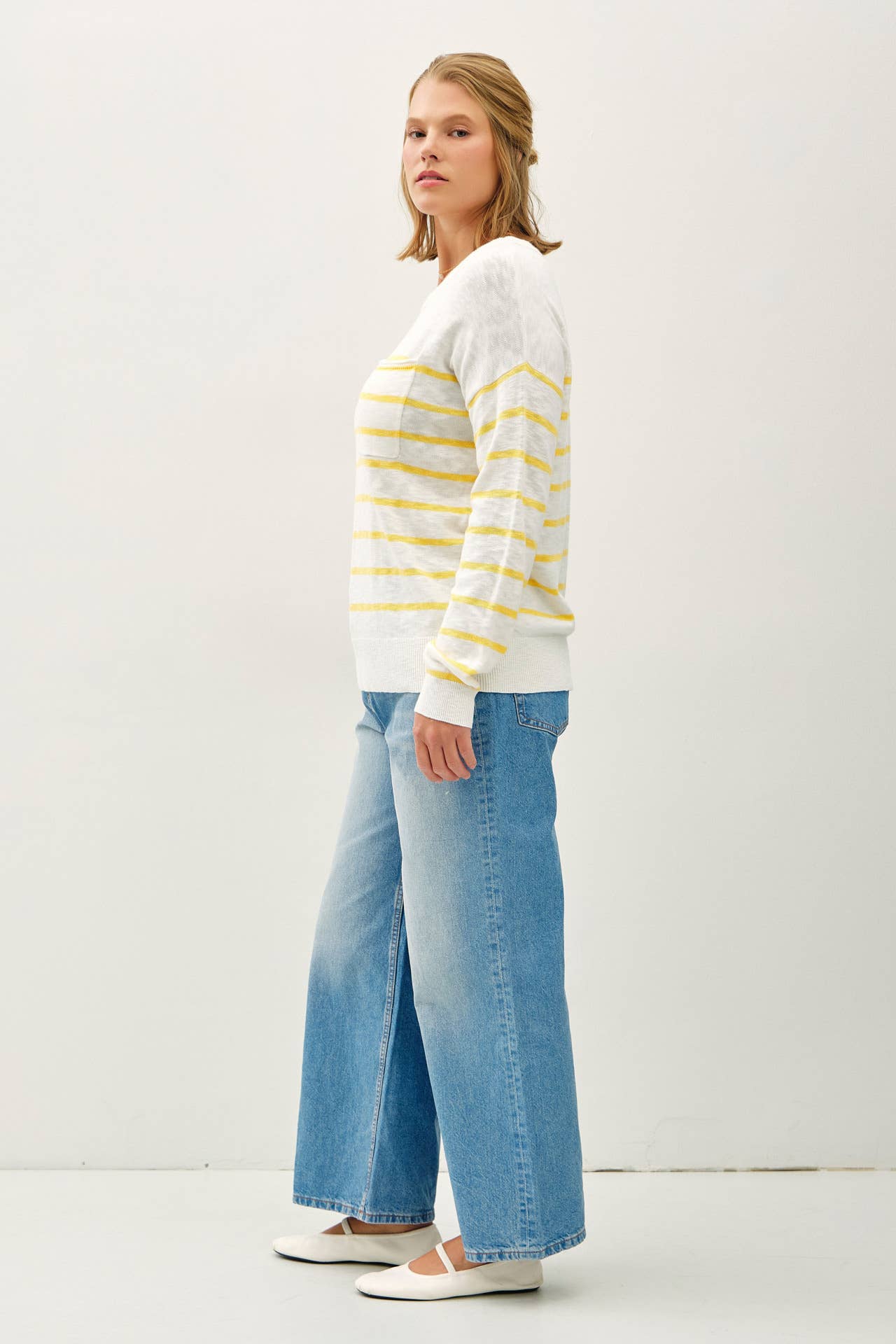 Plus Size Lightweight Striped Sweater:Yellow