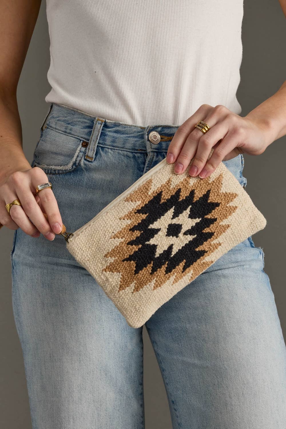 Cream, Tan & Black Aztec Wristlet