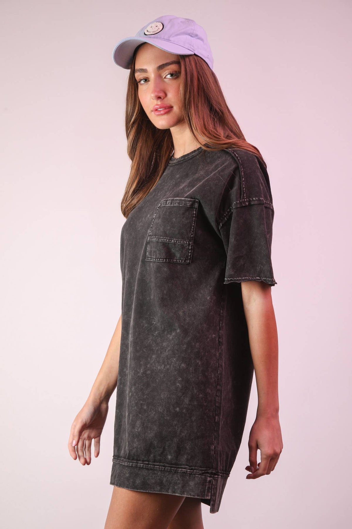 Mineral Washed Knit Oversized Shift Mini Dress: BLACK