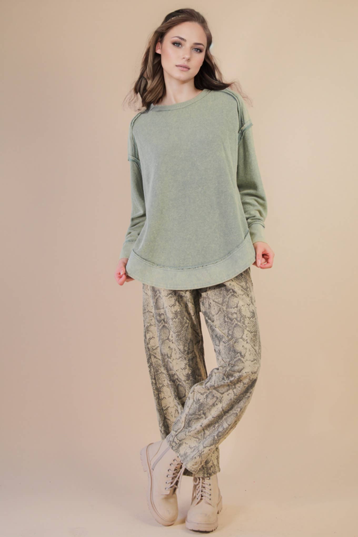 PLUS SIZE Sage Mineral Washed Contrast Knit Top