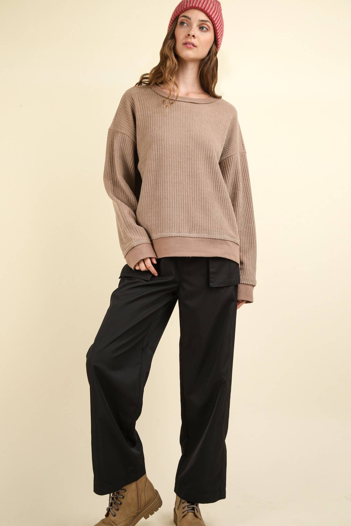 Curvy Oversized Soft Textured Knit Top: MOCHA