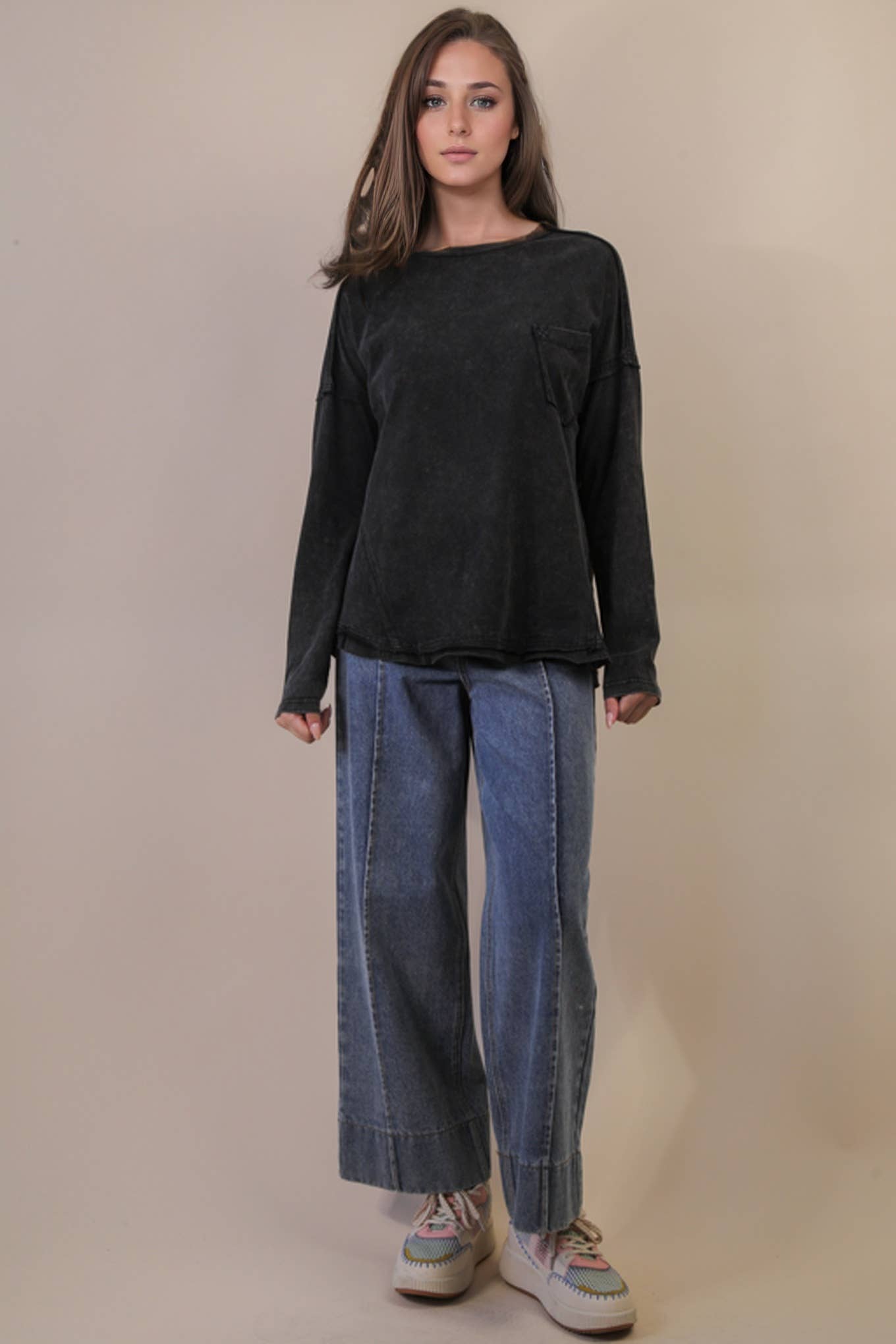 Mineral Washed Casual Knit Top: BLACK