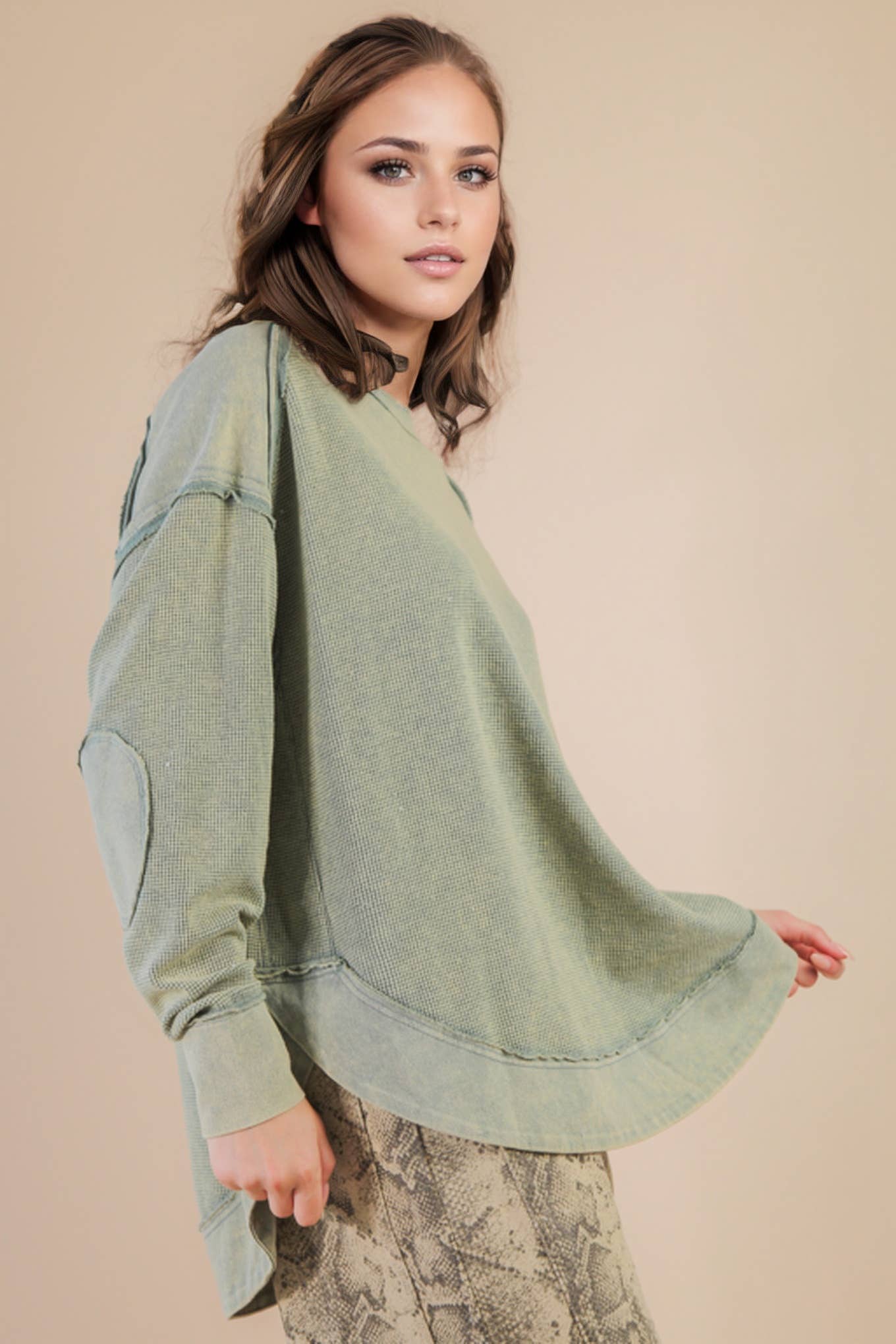 PLUS SIZE Sage Mineral Washed Contrast Knit Top