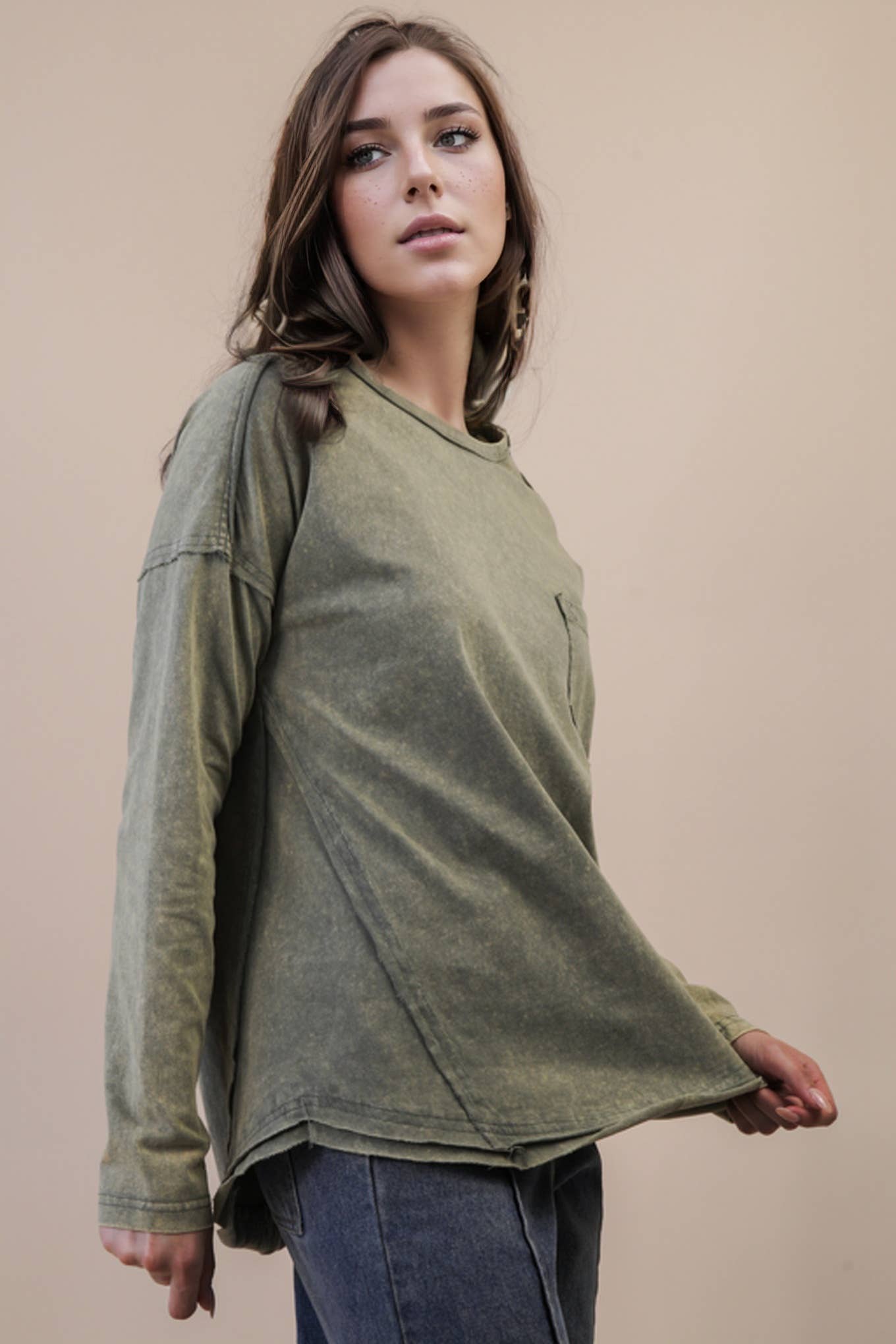 Mineral Washed Casual Knit Top: SAGE
