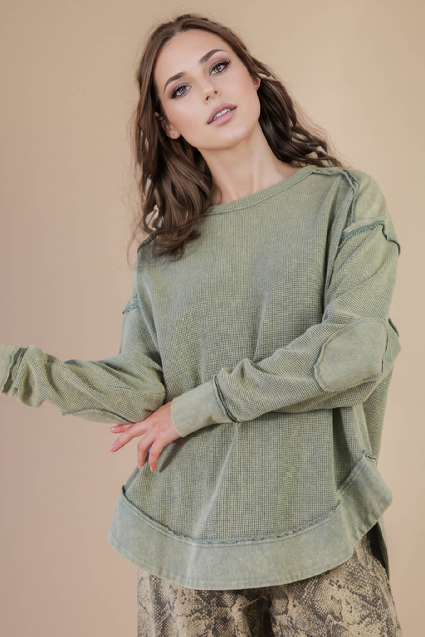 PLUS SIZE Sage Mineral Washed Contrast Knit Top