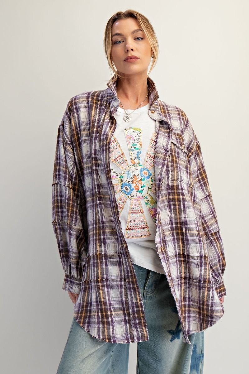 Plus Size Purple & Taupe Mineral Washed Button Down Flannel Tunic