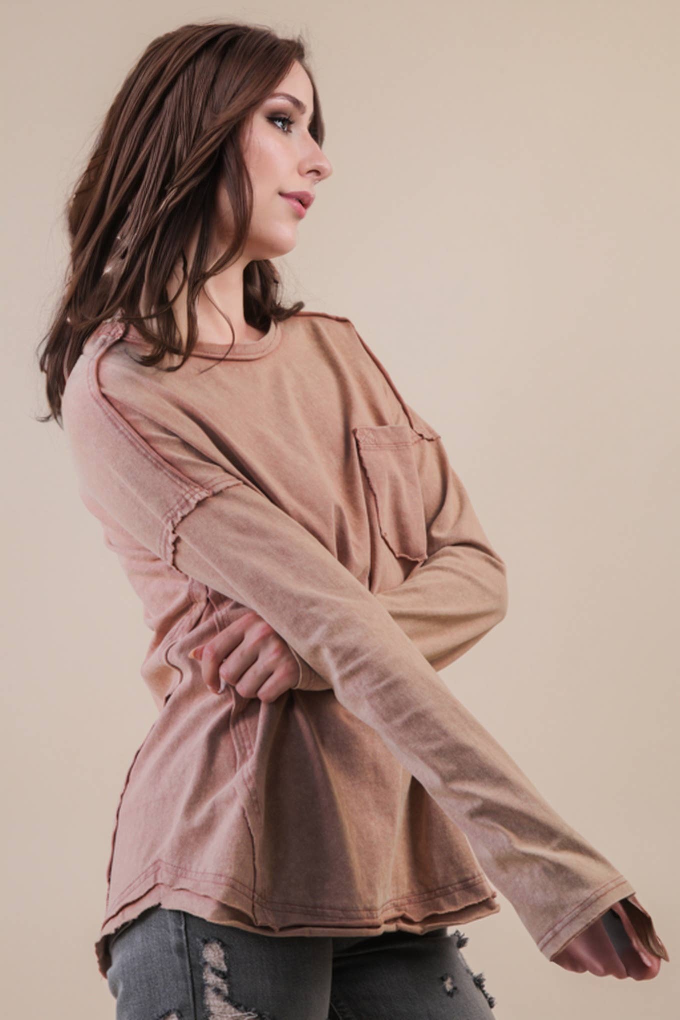 Mineral Washed Casual Knit Top: BLACK
