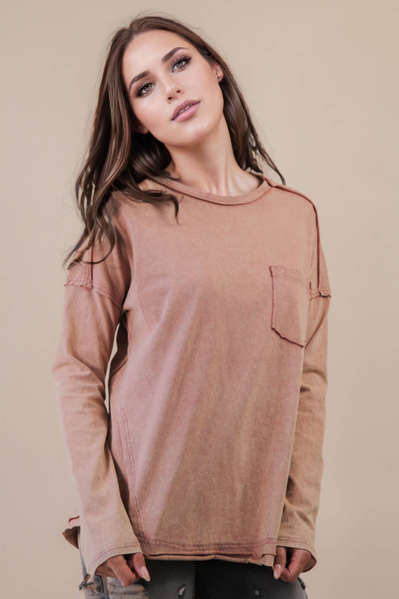 Mineral Washed Casual Knit Top: BLACK