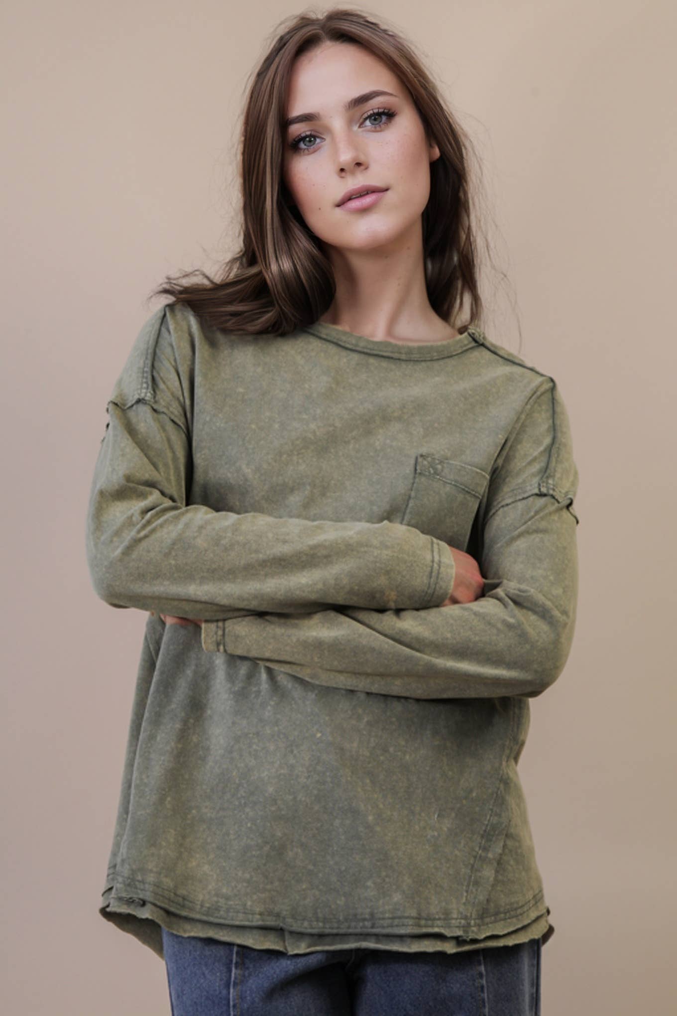Mineral Washed Casual Knit Top: SAGE