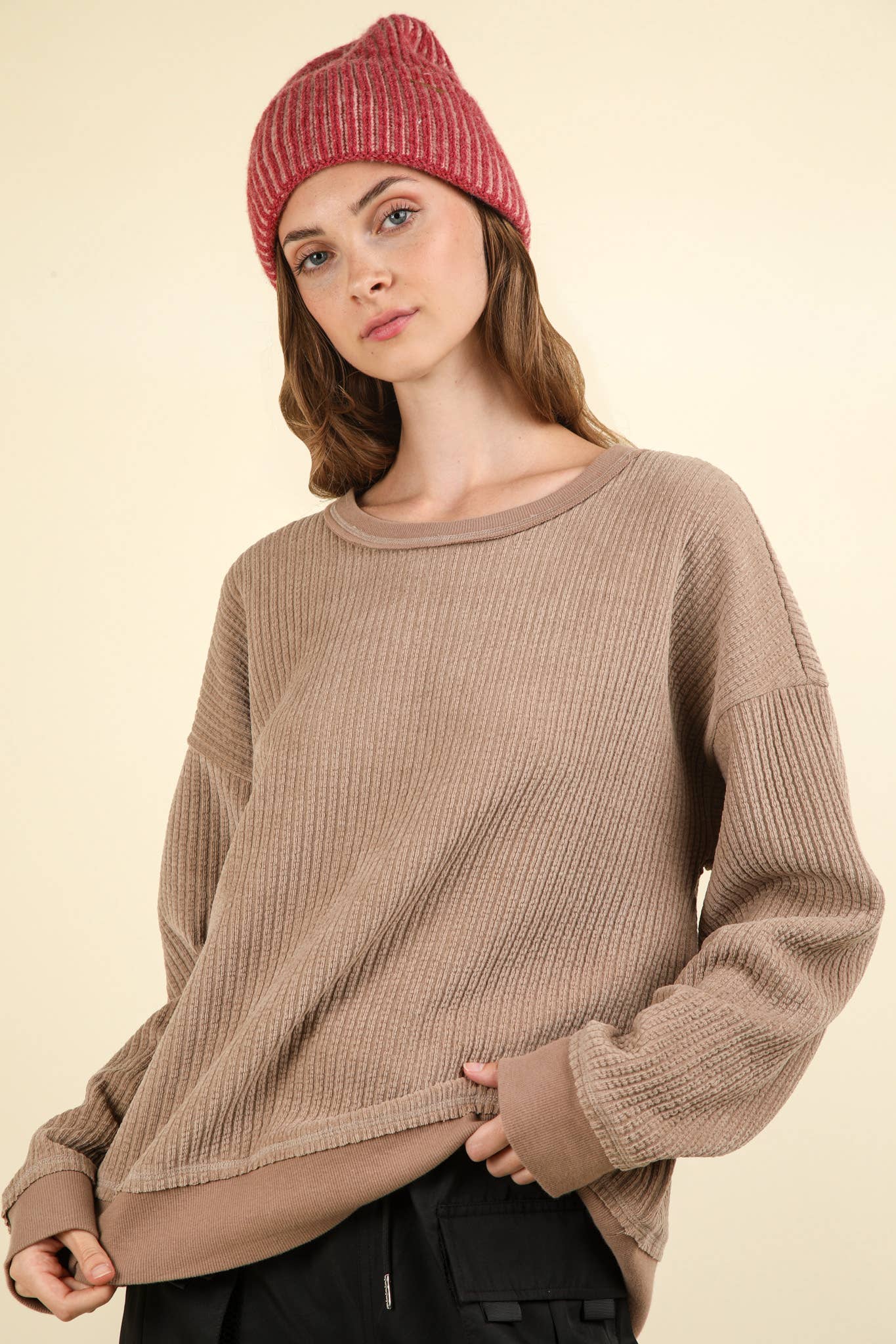 Curvy Oversized Soft Textured Knit Top: MOCHA