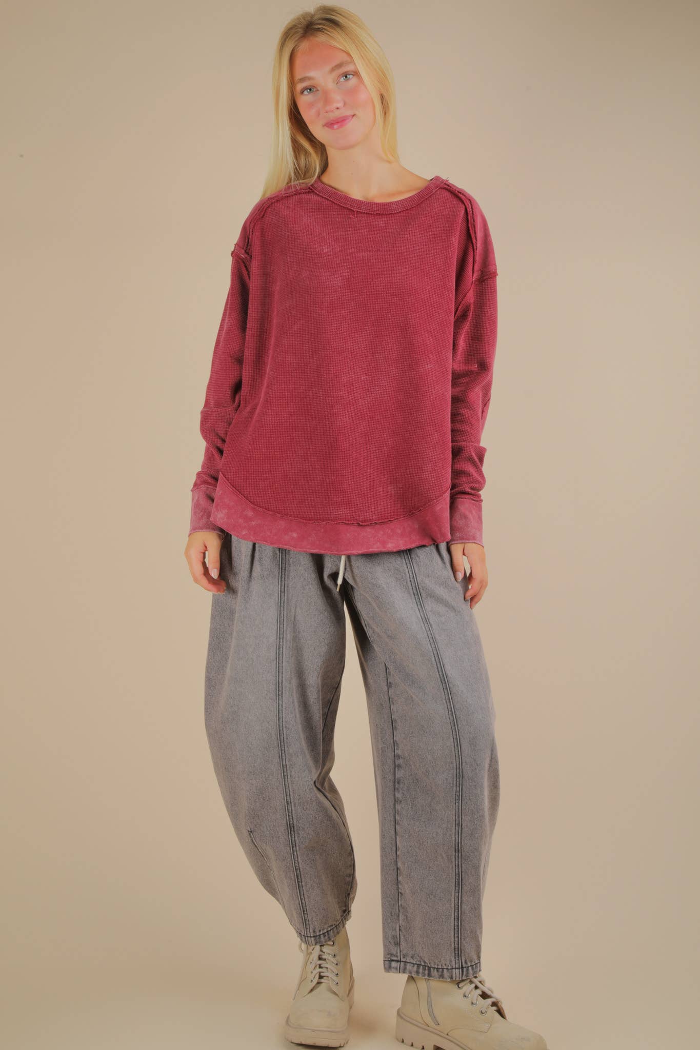 PLUS SIZE Sage Mineral Washed Contrast Knit Top