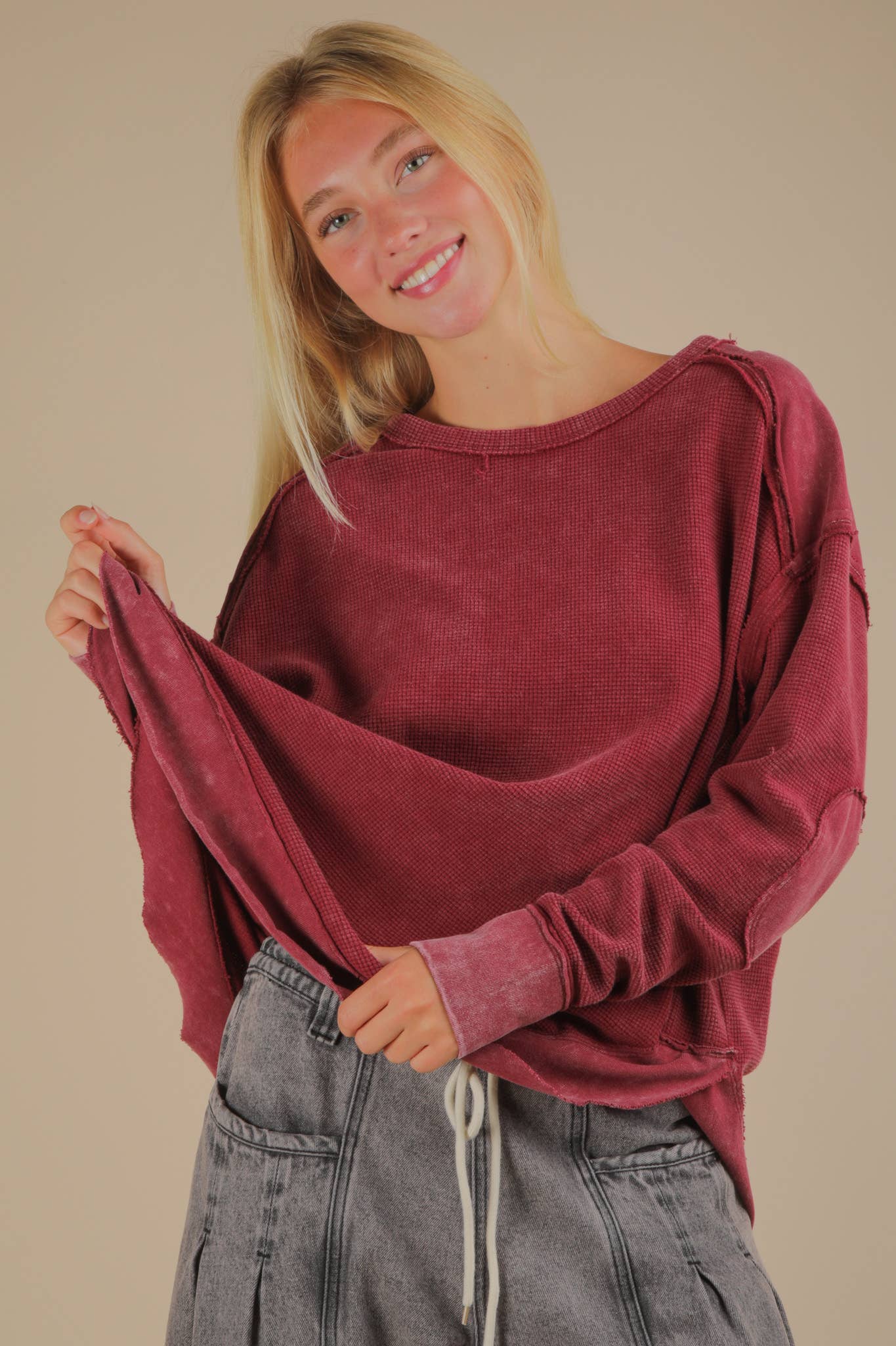 PLUS SIZE Sage Mineral Washed Contrast Knit Top