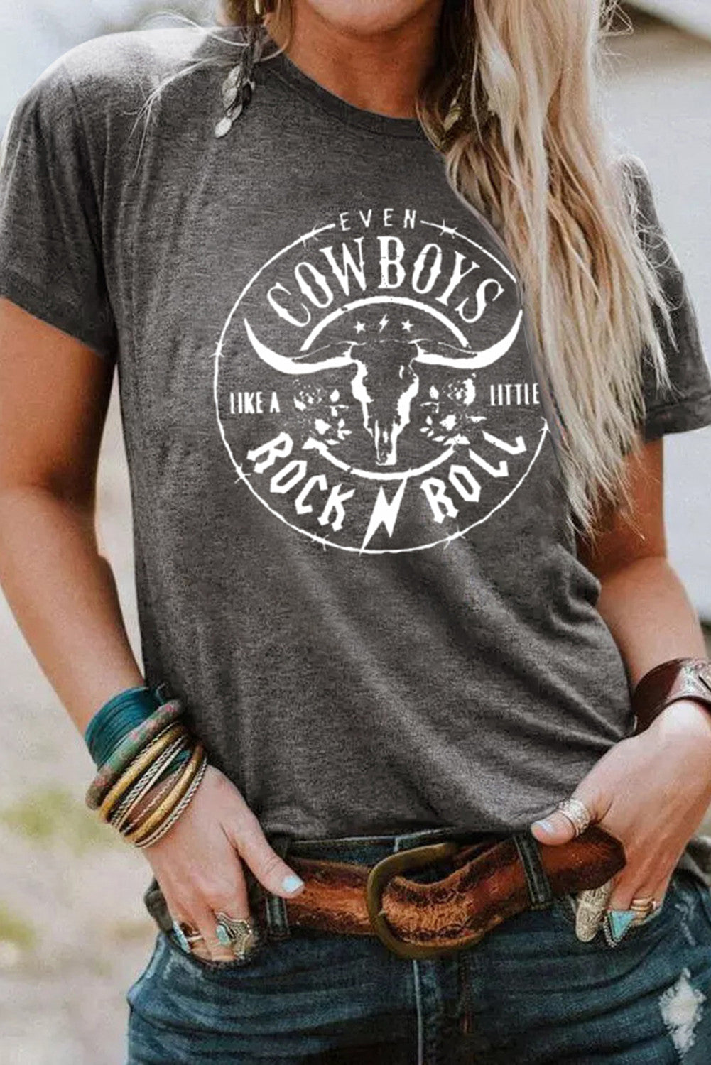 Grey Cowboys Letter Cow Print Top