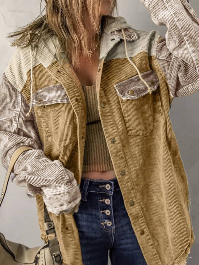 Patchwork Color Contrast Double-pocket Hoody Jacket