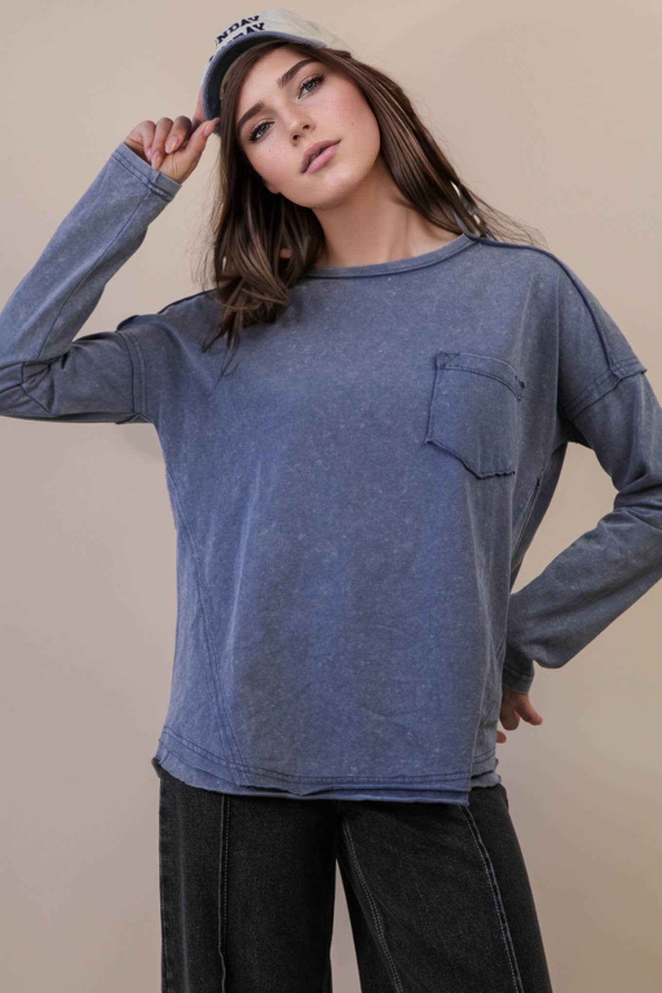Mineral Washed Casual Knit Top: BLACK