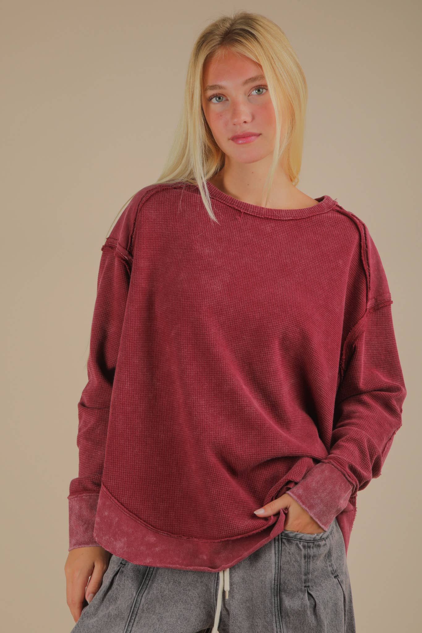 PLUS SIZE Sage Mineral Washed Contrast Knit Top