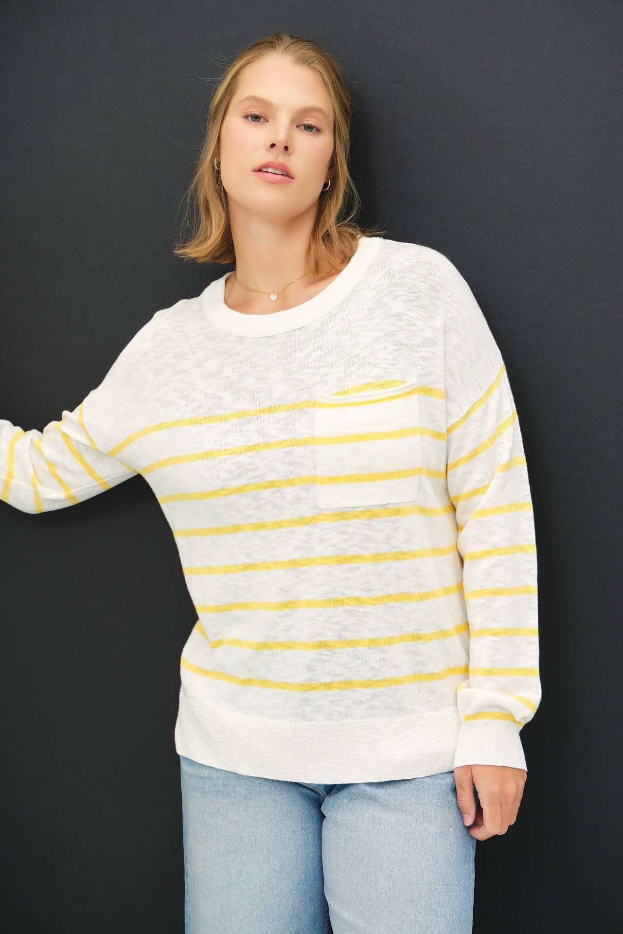 Plus Size Lightweight Striped Sweater:Yellow