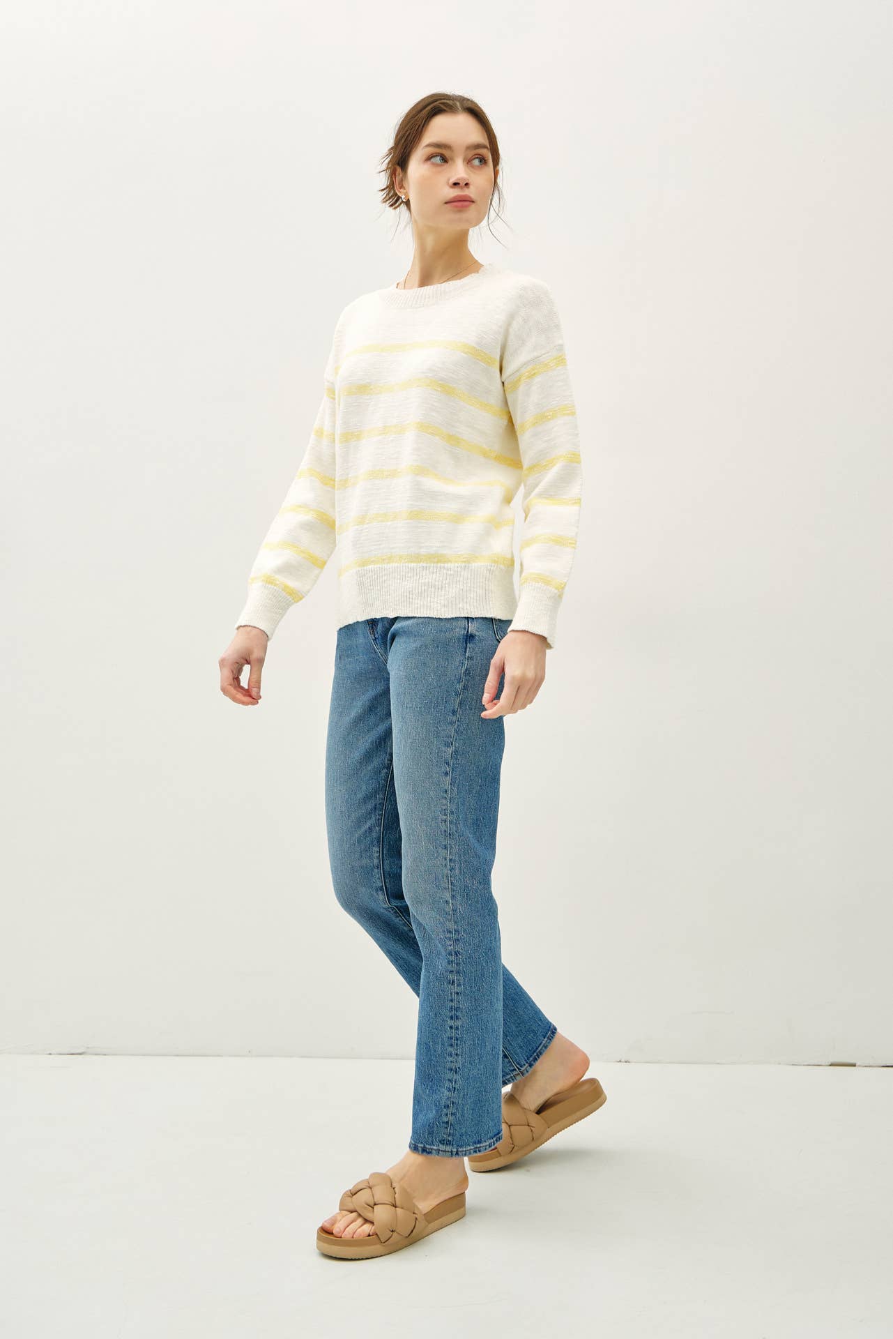 Lightweight Heather striped long sleeve sweater:Yellow