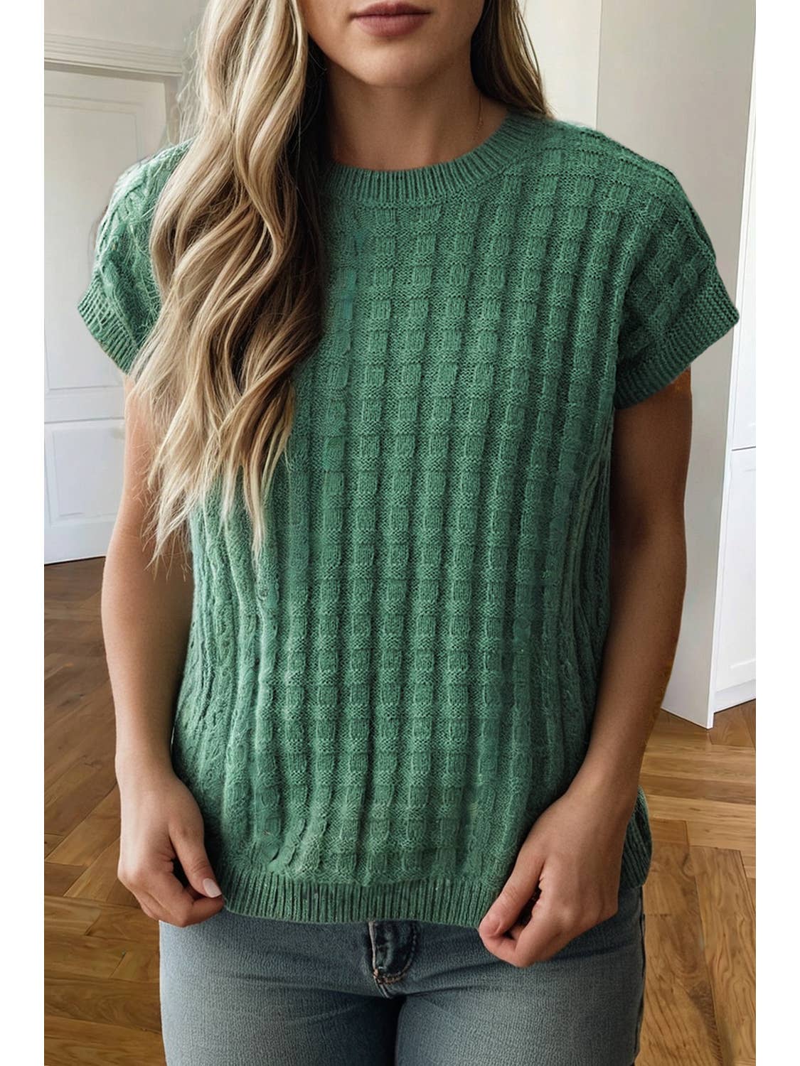 Textured Round Neck Short Sleeve Sweater