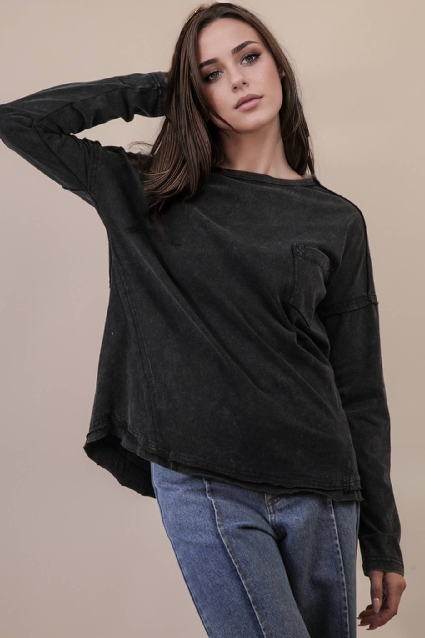 Mineral Washed Casual Knit Top: BLACK
