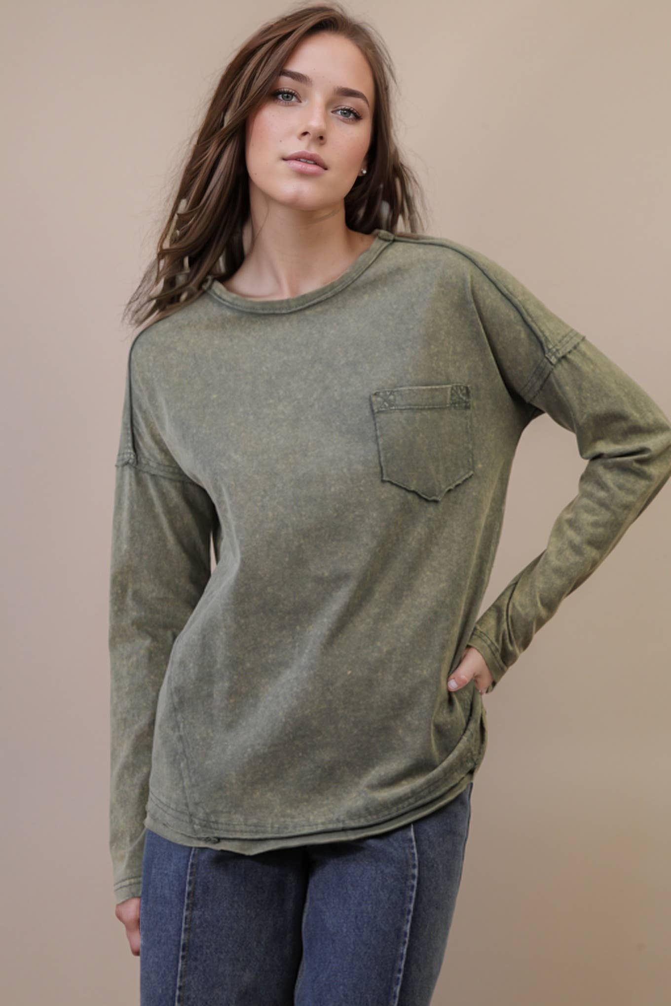 Mineral Washed Casual Knit Top: SAGE