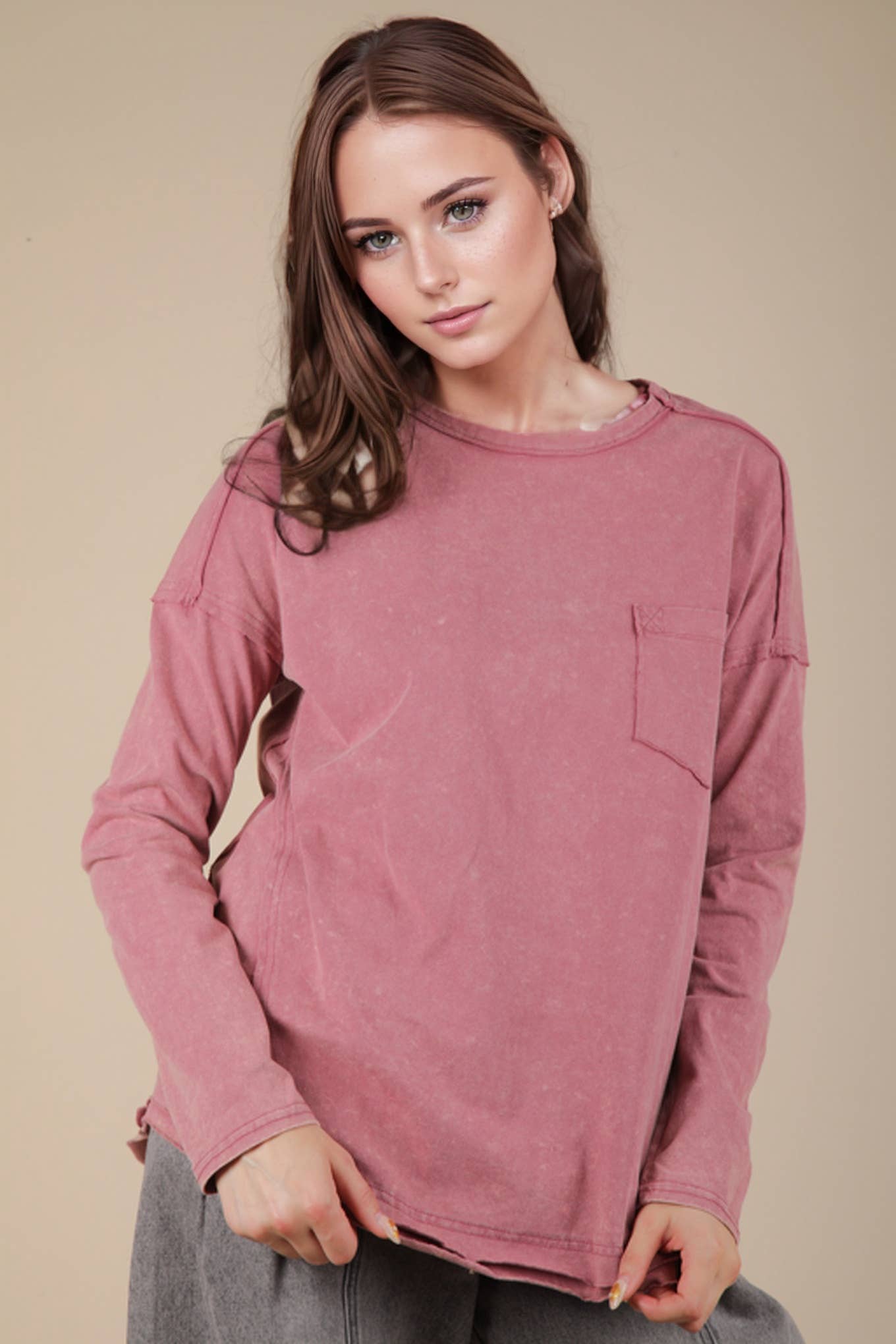 Mineral Washed Casual Knit Top: BLACK