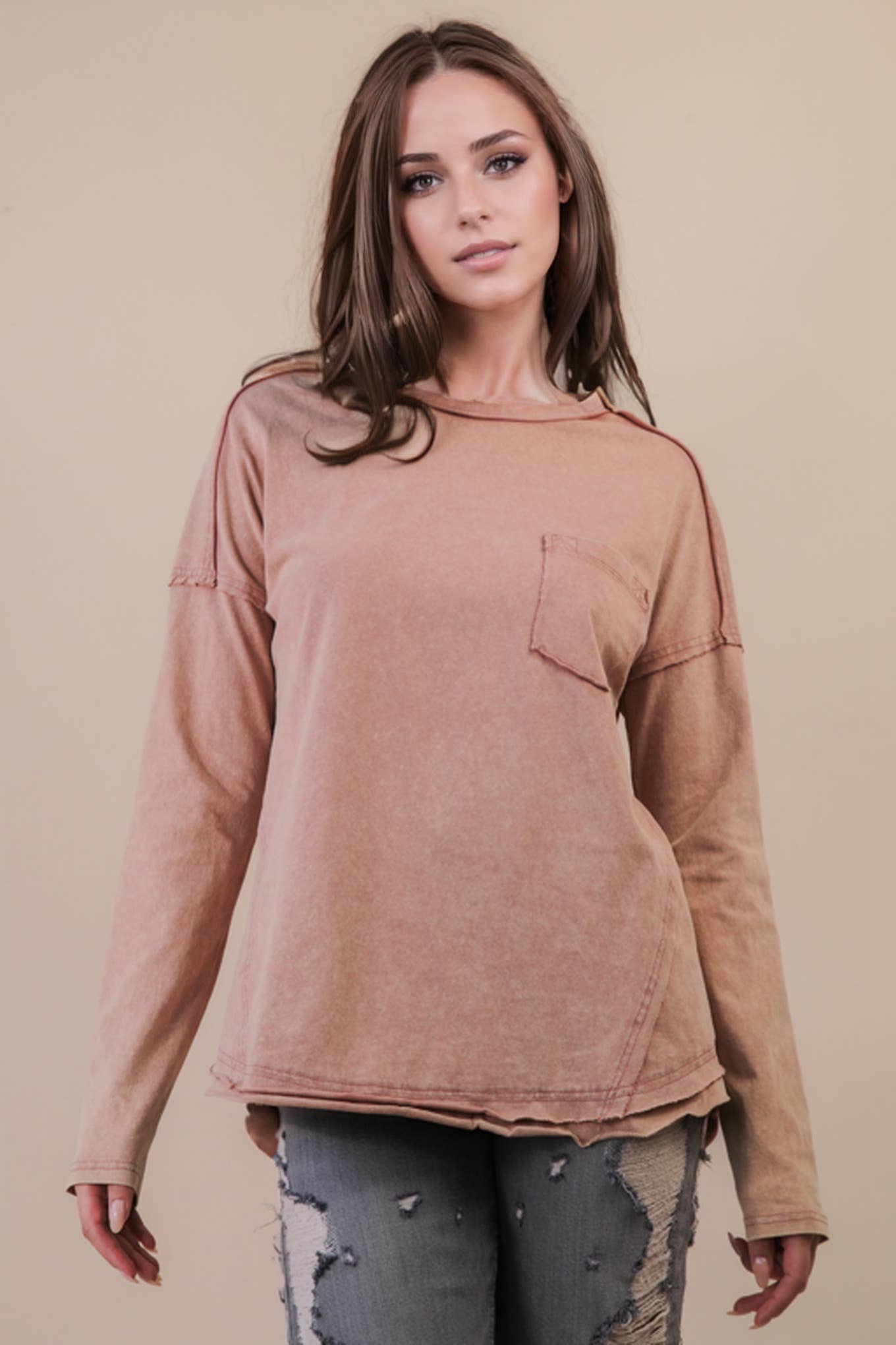 Mineral Washed Casual Knit Top: BLACK