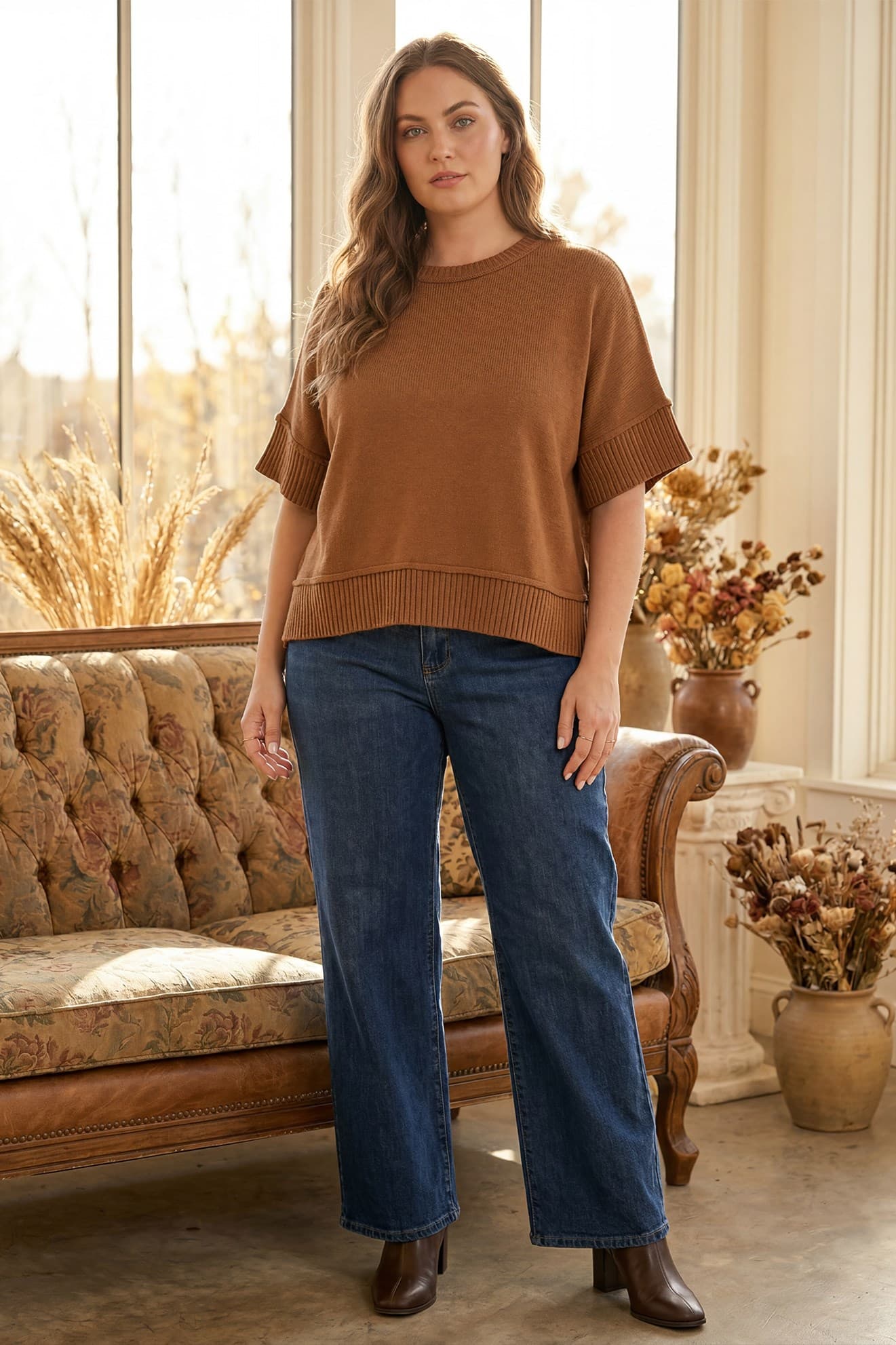 Drop Half Sleeve Crew Neck Sweater Top - Caramel