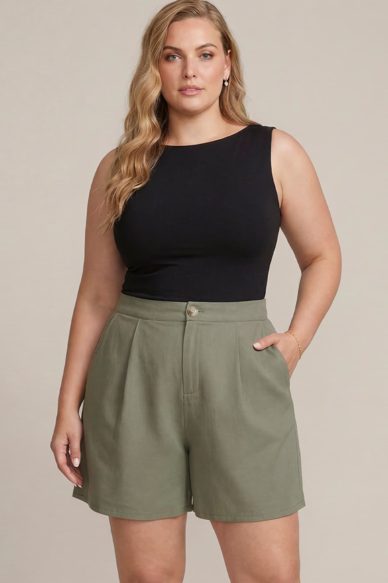Back Elastic Waist Shorts - Lt Olive