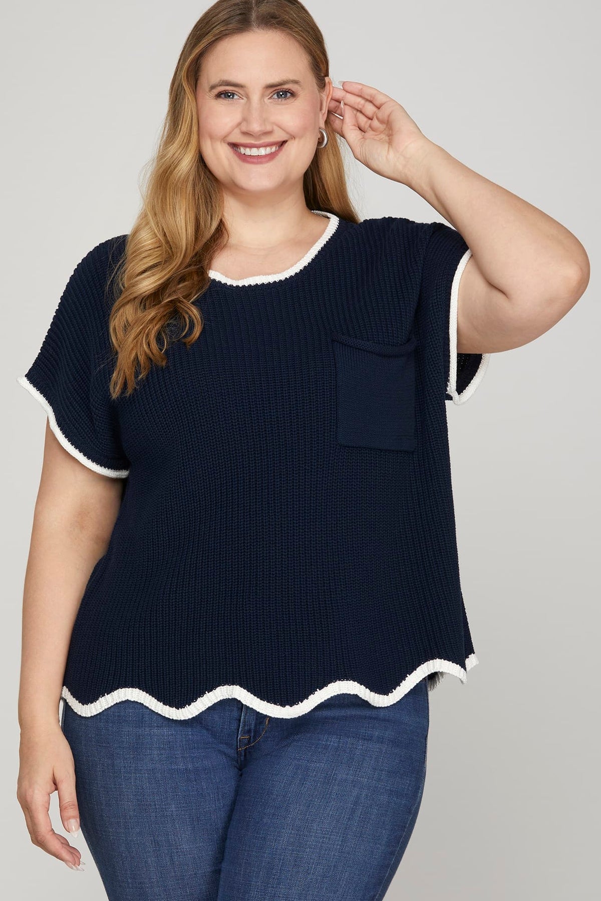 Game Day Drop Shoulder Scallop Hem Sweater Top - Navy