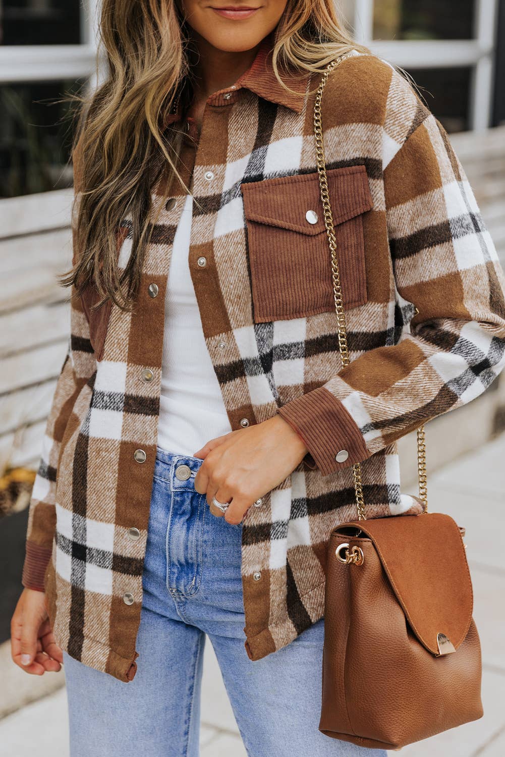Brown Pocketed Buttoned Plaid Shirt Jacket