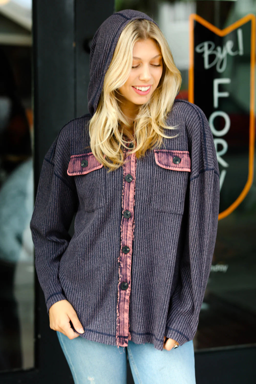 Ribbed Knit Hooded Cozy Washed Jacket