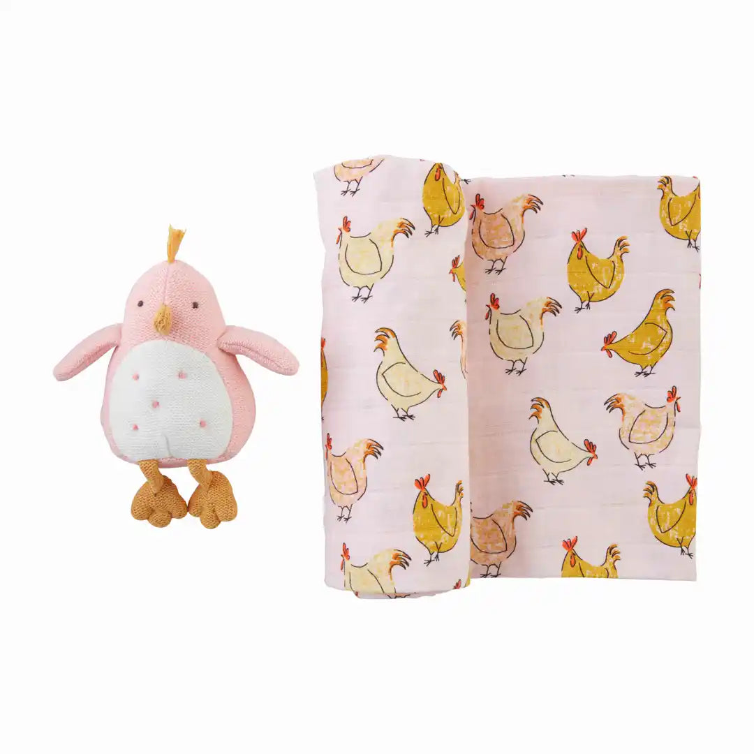CHICKEN SWADDLE BLANKET AND RATTLE