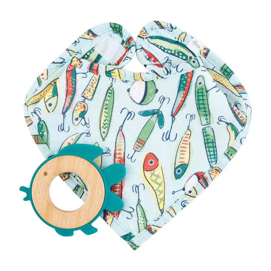 BLUE FISHING LURE BIB AND TEETHER SET